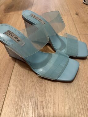 Steve Madden Light Blue Clear-Strap Wedge Mules